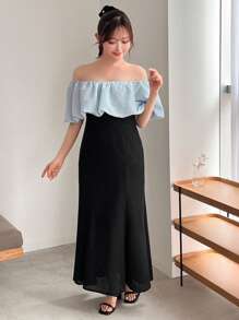 FRIFUL Women's Colorblock Off Shoulder Midi Dress,Ruffle