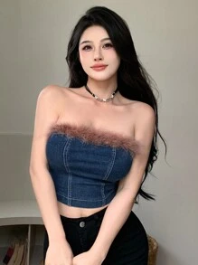 DAZY Women's Denim Strapless Top With Detailing Tube Top - Medium Wash - View 2