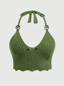 ROMWE Fairycore 大尺碼女款純色掛脖針織上衣 - 綠色 - 查看 1