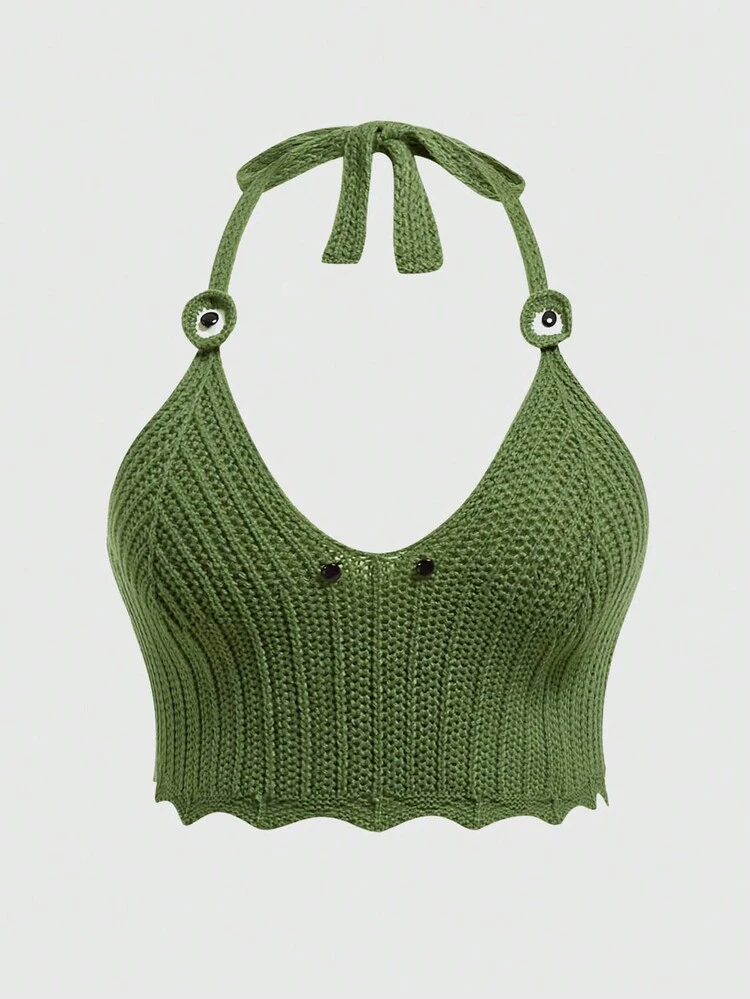 Plus Size Women's Solid Color Halter Knit Top