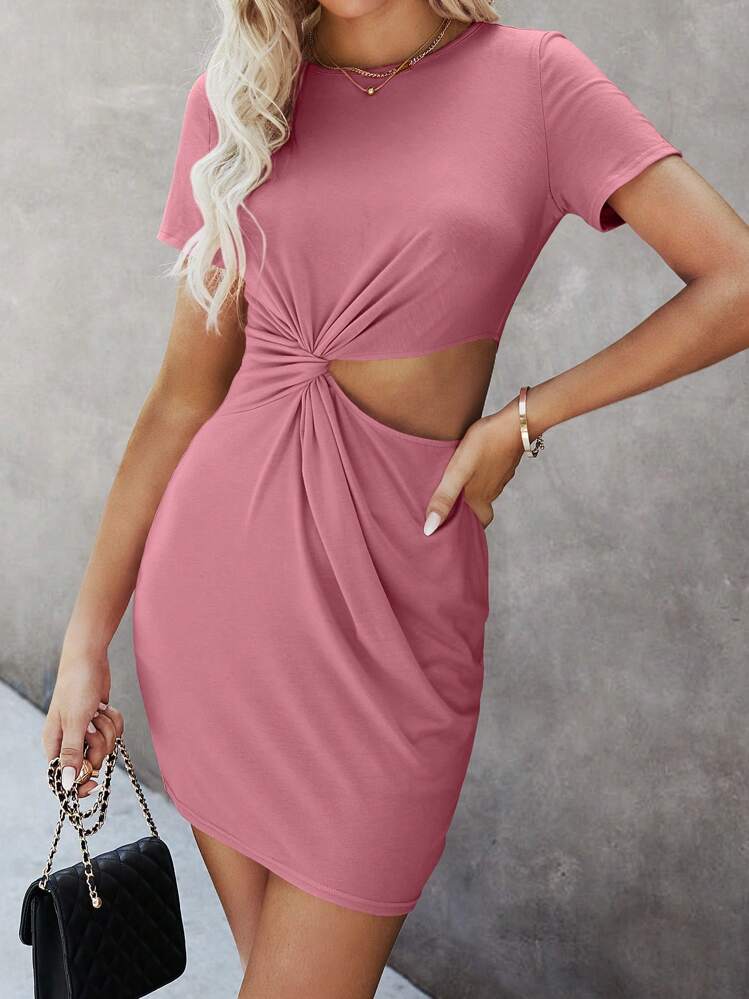 SHEIN Clasi Xoắn Nút Cắt ra Ngắn tay Đầm Cho mùa hè - Bụi hồng - Xem 3