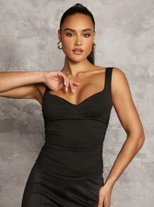 SHEIN BAE Summer One Piece Tank Top Love Collar Black Gathered Bodycon Tank Top