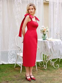 GENKIRA Women Sleeveless Dress With Square Neck, 3D Bowknot, Slim Waist And Slight Hip Package - Red - View 5