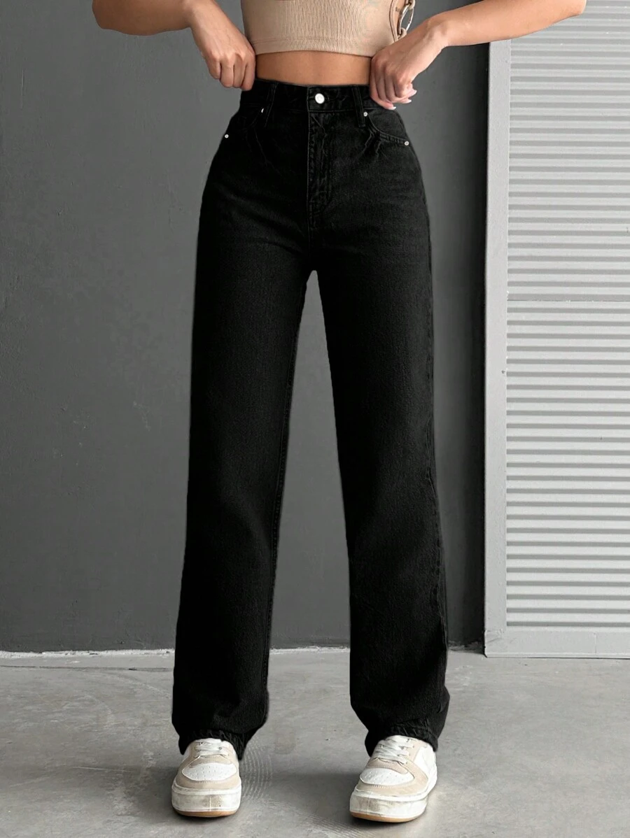 EURMUSE Jeans Rectos De Color Sólido Para Mujeres - Negro - Ver 1