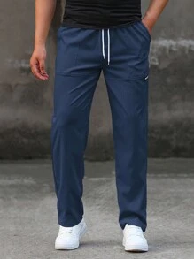 Manfinity Homme Pantalones rectos de corte holgado para hombre con parches con letras y cintura con cordón, para otoño - Azul Marino - Ver 4