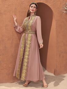 Al Najma Round Neck Hollow Out Design Patchwork Soluble Lace Dress Kaftan Jalabiya Dress - Dusty Pink - View 5