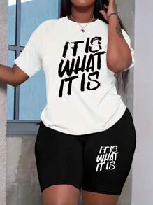 SHEIN Plus Size Casual Two-Piece Set With Slogan Print For Summer - Multicolor - View 1
