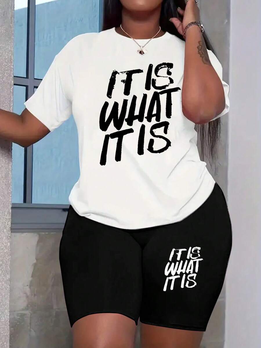 SHEIN Plus Size Casual Two-Piece Set With Slogan Print For Summer - Multicolor - View 1
