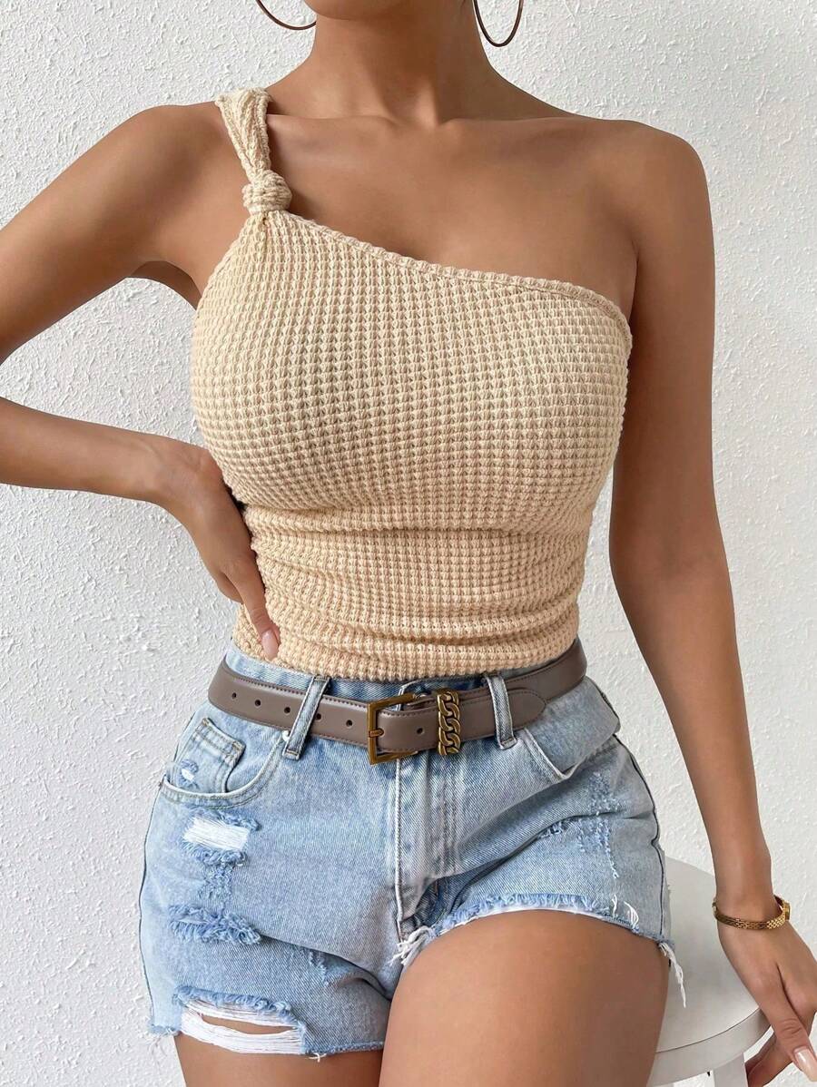 Chiquease Solid One Shoulder Waffle Knit Knot Detail Ruched Side Top - Apricot - View 1