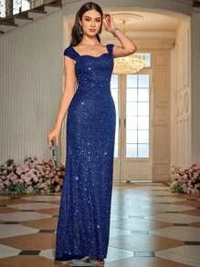 SHEIN Belle 甜心领亮片礼服优雅舞会晚会婚礼宾客礼服，适合毕业典礼、晚宴或节日派对服装