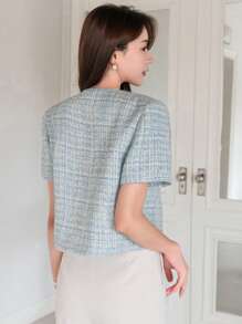 DAZY Plaid Pattern, Round Neck, Metal Button, Loose Fit, Short Jacket Summer