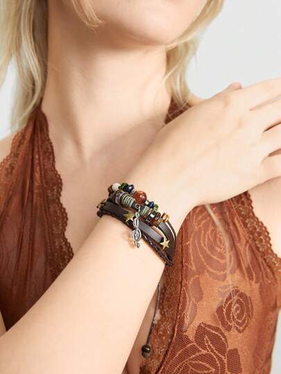 Hippie Bohemian Style Pu Leather Chain Bracelet With Stars, Stackable Hand Jewelry For Women And Girls