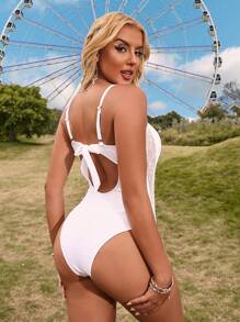 Swim EVENT Women's Splicing Lace Cami One-Piece Swimsuit Summer - White - View 2