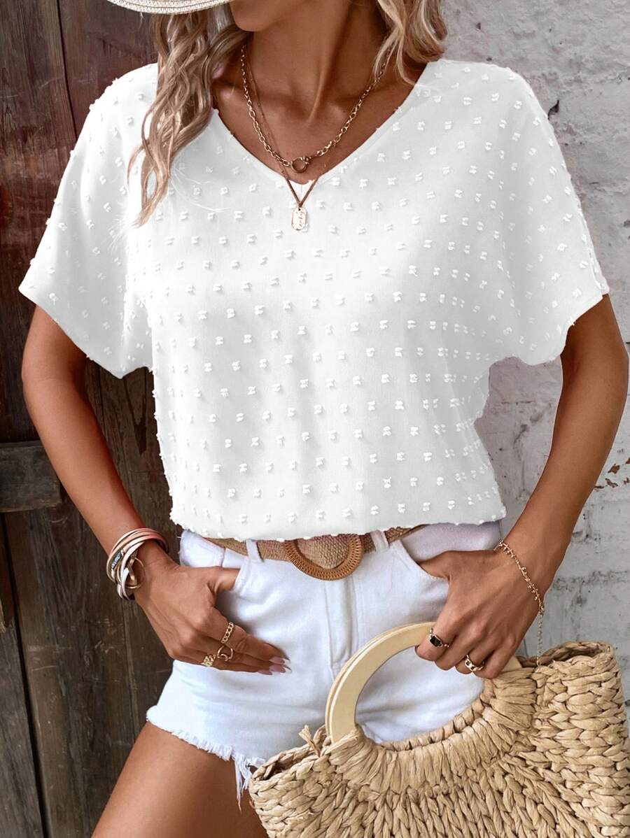 EMERY ROSE Women's Solid Color Batwing Sleeve Swiss Dot Blouse,Short Sleeve Tops