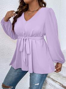 SHEIN Franclia Kích thước lớn Màu thuần Cổ chữ V Tay áo lồng đèn Giải trí Áo sơ mi - Màu tím - Xem 6