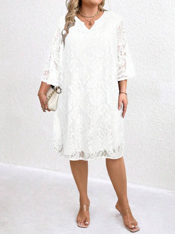 Plus Size Solid Color Lace Patchwork V-Neck Dress