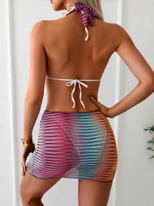 SHEIN Swim Women's Striped Deep V Neck Halter Tie Cover-Up Shirt Summer - Multicolor - View 2