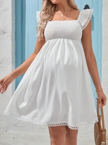 SHEIN Pregnant Women's Casual Square Collar Cap Sleeve A-Line Dress For Maternity - White - View 3