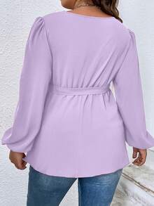 SHEIN Franclia Kích thước lớn Màu thuần Cổ chữ V Tay áo lồng đèn Giải trí Áo sơ mi - Màu tím - Xem 2