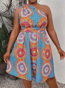 Breezaya Plus Size Women's Leopard Print One Shoulder Sleeveless Dress With Pockets