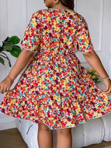 Breezaya Talla Grande Vestido Con Estampado Floral De Flor Completa, Manga Corta Con Volantes Entrecruzados Y Recortes