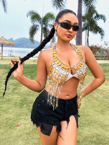 Zolique Women's Backless Halter Top With Rhinestone Chain And Tassel Fringe - Multicolor - View 6