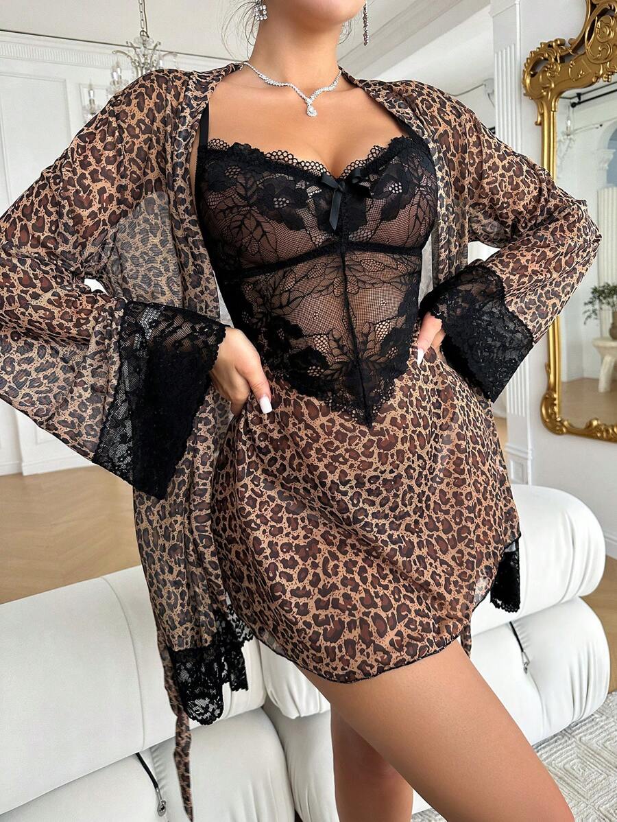 SHEIN Của phụ nữ Ren Nối Báo In Nội y sexy Bộ - Nhiều màu - Xem 1