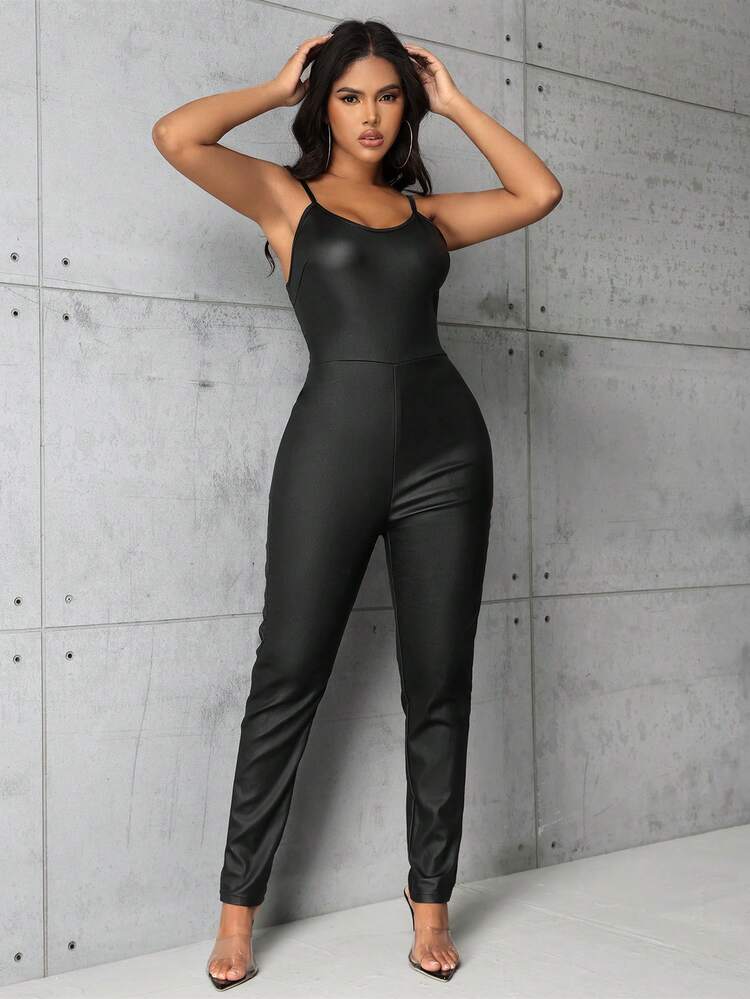 Women's Solid Color Pleated PU Jumpsuit