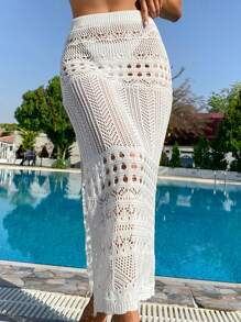 SHEIN Swim Summer Slit Knit Cover-Up Skirt - White - View 4