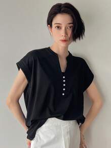 FRIFUL Women's Solid Color V-Neck Batwing Sleeve T-Shirt - Black - View 6