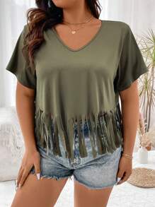 Flirla Camiseta De Rayas De Flecos De Talla Grande Para Mujer, Informal De Verano - Verde militar - Ver 6