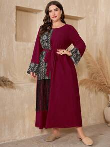 Al Najma Burgundy Red Plus Size Women's Geometric Printed Long Sleeve Dress With Arab-Style Patchwork Kaftan Jalabiya Dress - Burgundy - View 6