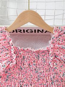 SHEIN Váy dài chữ A không tay viền nhún hoa cho bé gái - Hồng - Xem 4