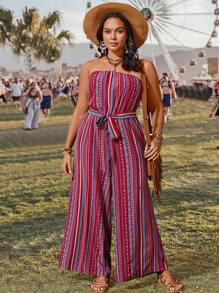 SHEIN VCAY 大尺碼條紋印花無肩跳跳裝配帶,適用於度假 - 彩色 - 查看 4