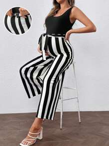 SHEIN 年輕孕婦2入組休閒背心上衣和可調節緊身腰部褲子 - 黑色 - 查看 1