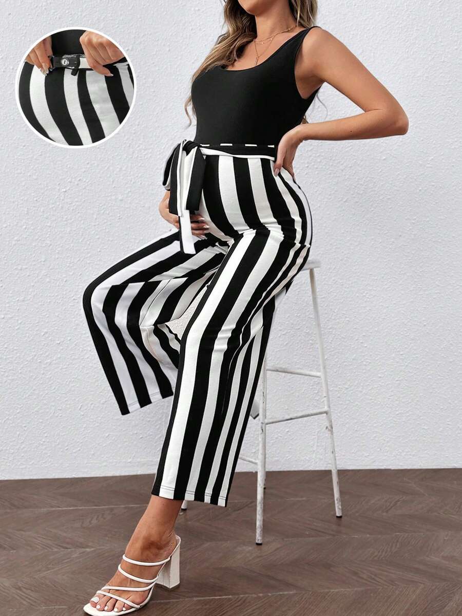 SHEIN 年輕孕婦2入組休閒背心上衣和可調節緊身腰部褲子 - 黑色 - 查看 1