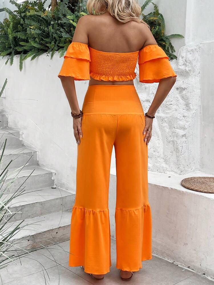 Women's Off The Shoulder Top With Ruffled Hem And Solid Color Fashion Pants With Flounce Hem Set