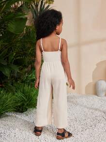 SHEIN Young Girl's Spring/Summer Knitted Solid Color Jumpsuit With Spaghetti Strap For Vacation Or Leisure