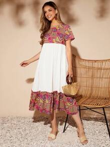 SHEIN VCAY Geo Print Ruffle Hem Smock Dress With Sleeves