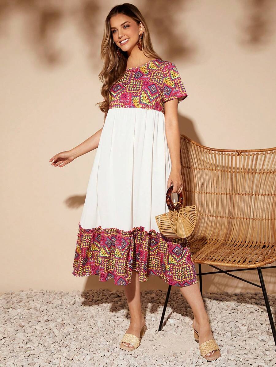 SHEIN VCAY Geo Print Ruffle Hem Smock Dress With Sleeves