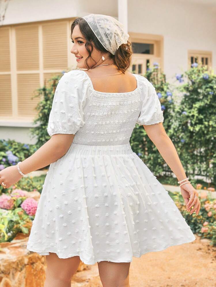 Plus Size Solid Color Textured Hollow Out Lace-Up Dress