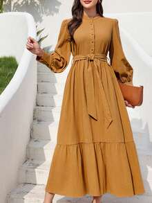 Mulvari 女式灯笼袖立领阿拉伯连衣裙 - 黃色 - 查看 5