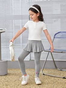 SHEIN Leap Crew 少女針織純色可愛貓紋一件式休閒褲