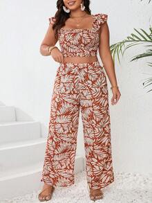 SHEIN Frenchy Plus Size Lễ Hội Âm Nhạc In Hình Cây Cổ Vuông Ruffle Áo Crop Top Và Quần Ống Rộng - Đỏ - Xem 3