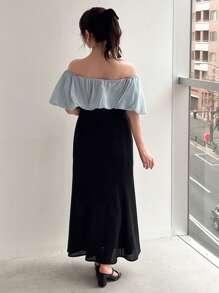 FRIFUL Women's Colorblock Off Shoulder Midi Dress,Ruffle