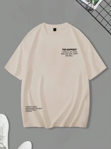 Manfinity Homme 男性加大尺碼口號印花下垂肩t恤 - 卡其色 - 查看 3