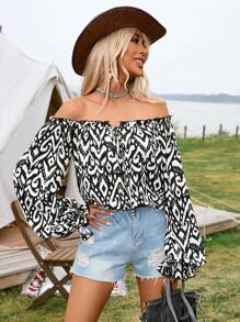 SHEIN VCAY Chemise D'été Pour Femme Ample Et Régulière Avec Manches Longues De Lanterne Épaules Dénudées Et Imprimé Géométrique - Noir et Blanc - Voir 4