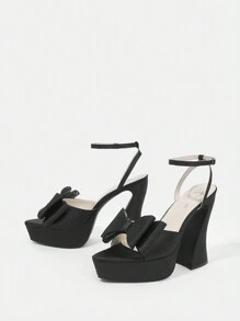 SheIn ICON 戶外女性圓頭高粗跟防水平台黑色涼鞋,鑲有鉆石裝飾和扣環帶 - 黑色 - 查看 2