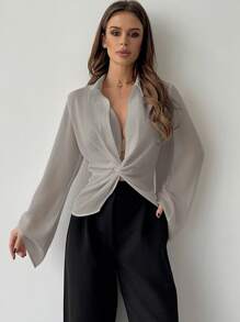 Firerie 女式v領扭結前扇形袖防曬衣 - 灰色 - 查看 5