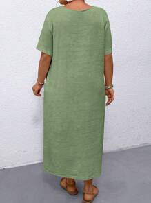 SHEIN LUNE 大尺碼女式寬鬆短袖連衣裙,帶拼接編織腰帶 - 綠色 - 查看 2